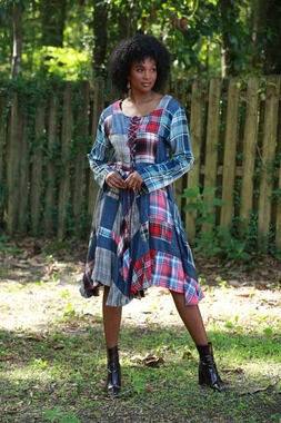 225743 | Sacred Threads Lace-Up Denim Plaid Patchwork Dress | Sizes S/M-L/XL
